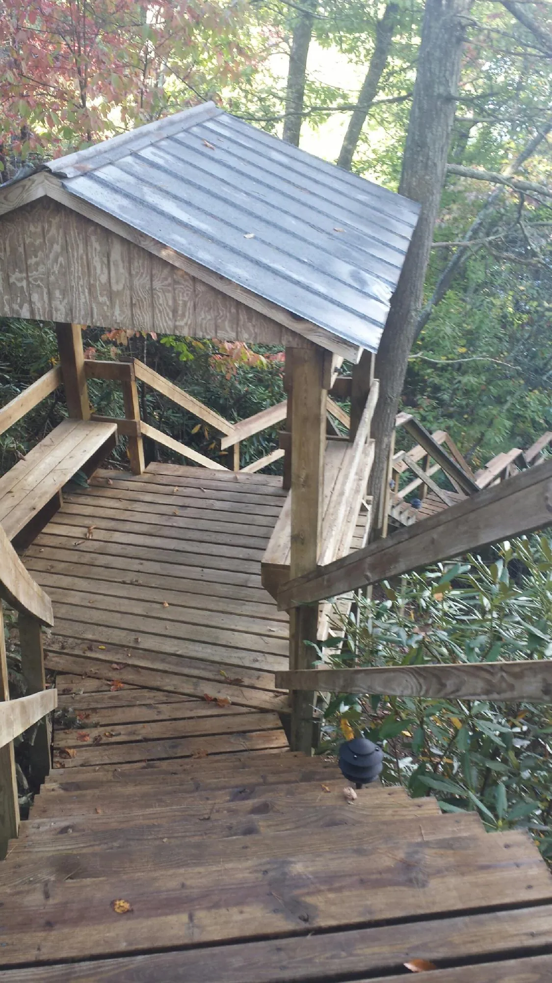 Metal roofed shelter over wooden steps on a wooded walkway — Skylight Repair & Installation work by our crew in Chickamauga